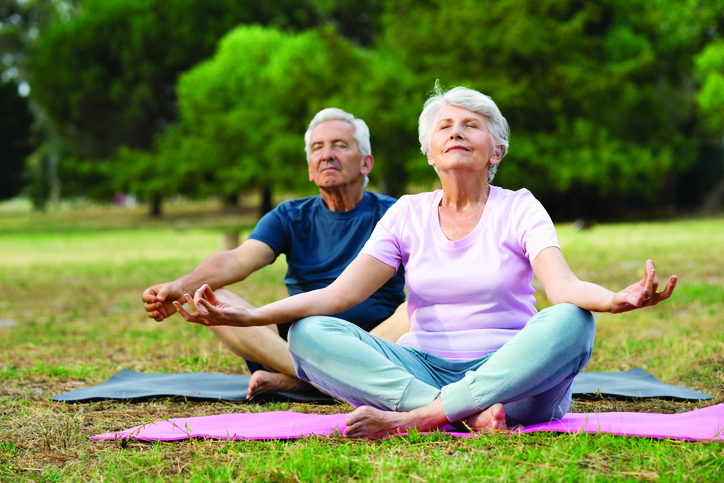 Old couple relaxing while sitting in lotus pose. Senior man and elderly woman meditating sitting in lotus position at park with closed eyes. Aged man and woman feeling relaxed sitting on yoga mat.